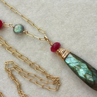 Labradorite and Ruby Long Necklace, 14k Gold Filled