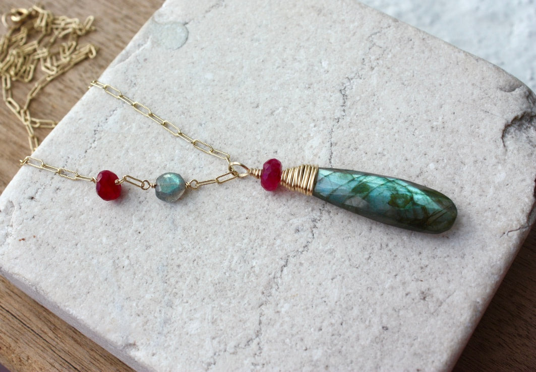 Labradorite and Ruby Long Necklace, 14k Gold Filled