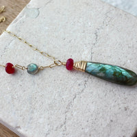 Labradorite and Ruby Long Necklace, 14k Gold Filled
