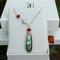 Labradorite and Ruby Long Necklace, 14k Gold Filled