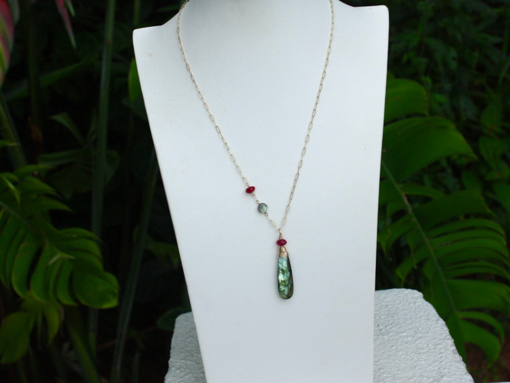 Labradorite and Ruby Long Necklace, 14k Gold Filled