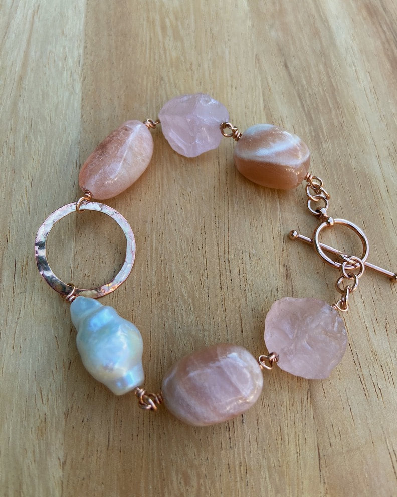 Pink Multi Gemstone Bracelet, Morganite, Pink Moonstone, Rose Quartz and Pearl Bracelet