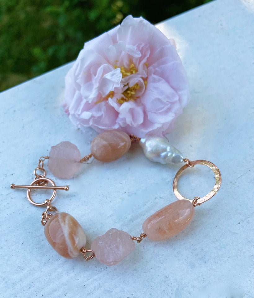 Pink Multi Gemstone Bracelet, Morganite, Pink Moonstone, Rose Quartz and Pearl Bracelet