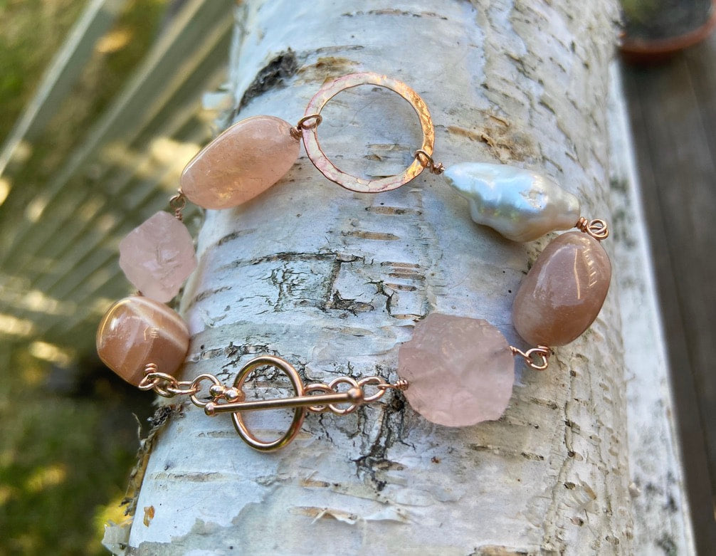 Pink Multi Gemstone Bracelet, Morganite, Pink Moonstone, Rose Quartz and Pearl Bracelet