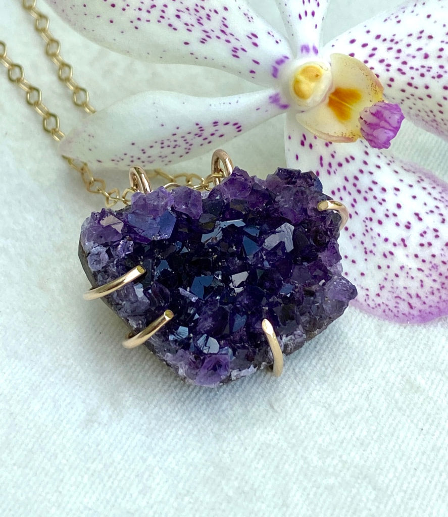 Raw Brazilian Amethyst Druzy Crystal Slice Necklace, February Birthstone Necklace