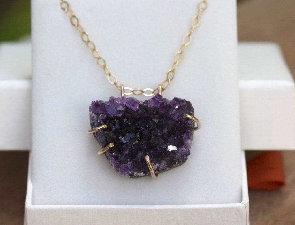 Raw Brazilian Amethyst Druzy Crystal Slice Necklace, February Birthstone Necklace