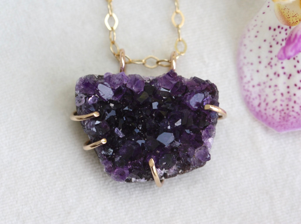 Raw Brazilian Amethyst Druzy Crystal Slice Necklace, February Birthstone Necklace