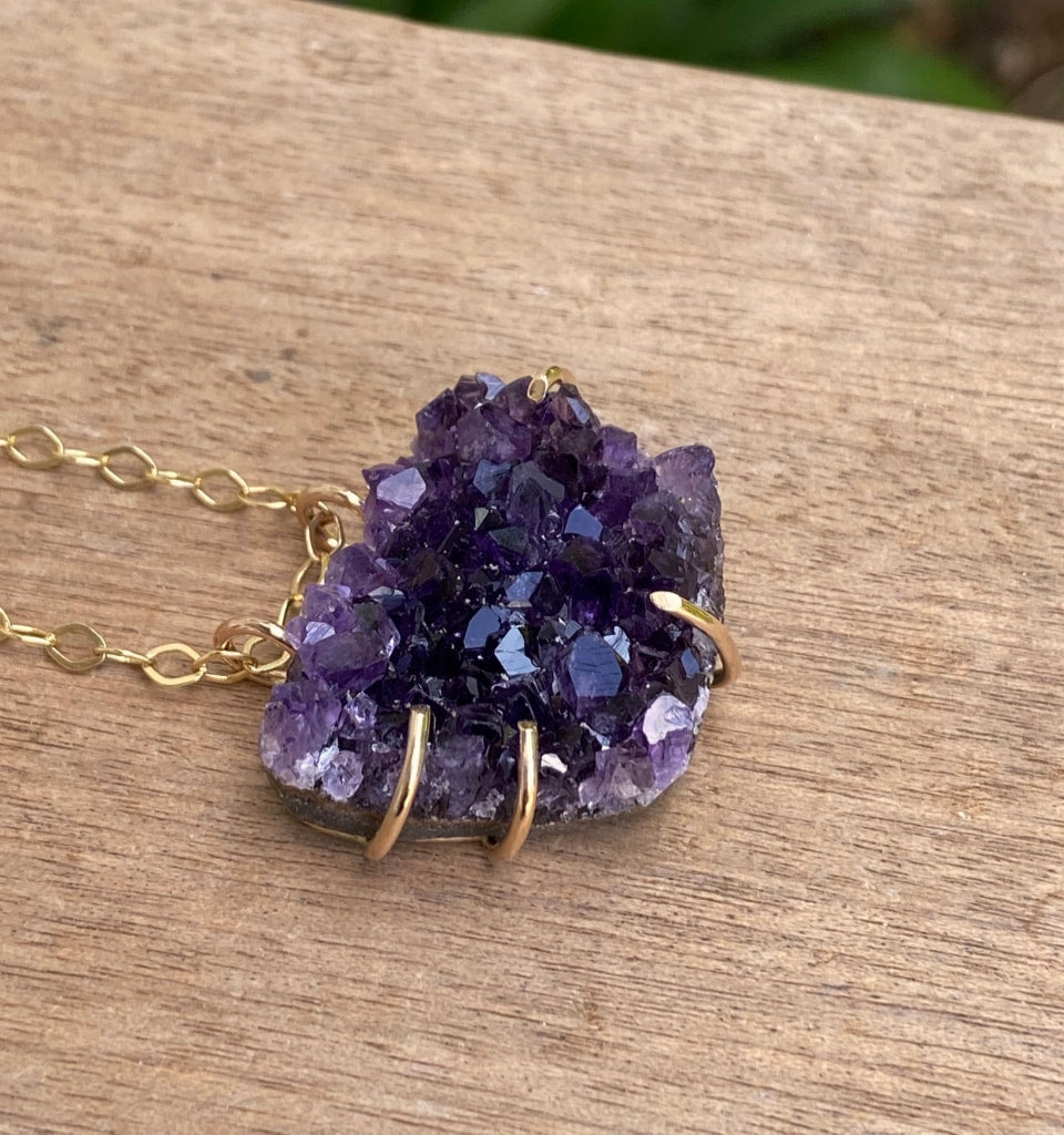 Raw Brazilian Amethyst Druzy Crystal Slice Necklace, February Birthstone Necklace