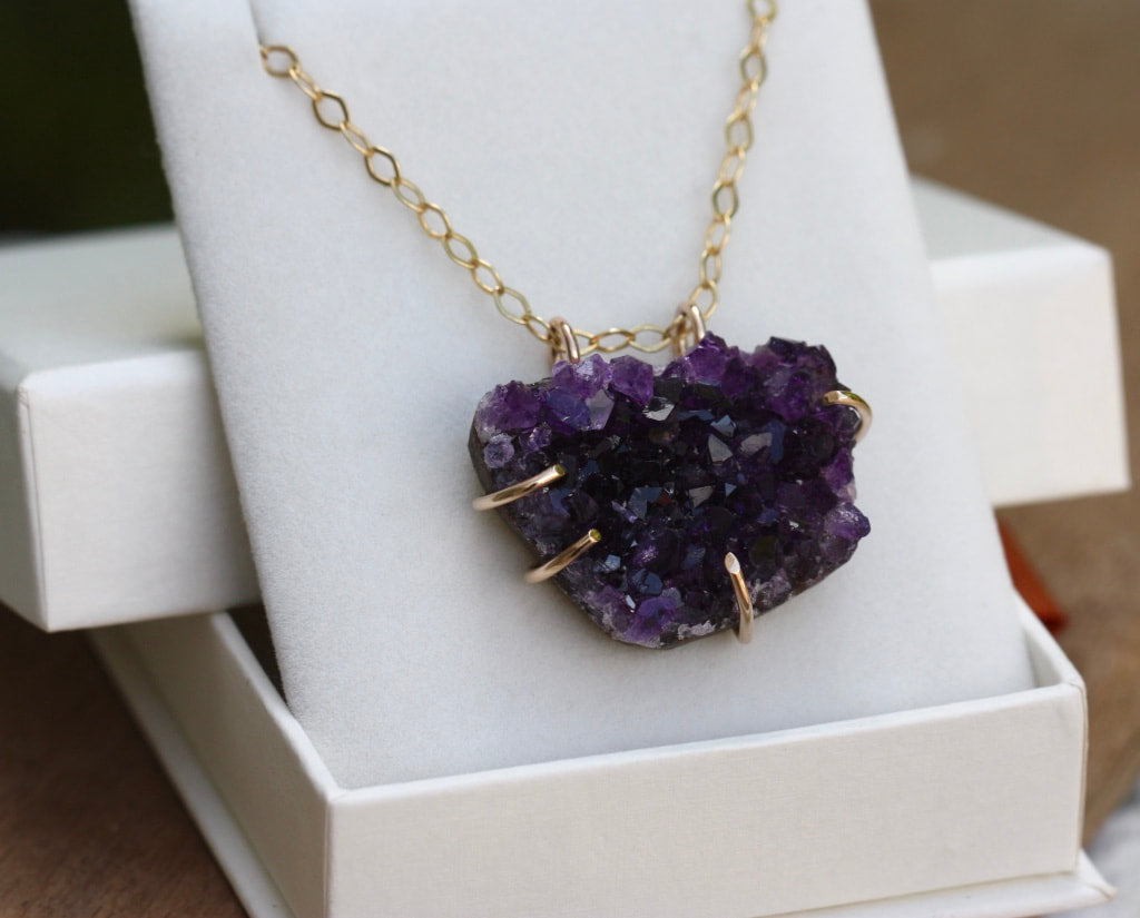 Raw Brazilian Amethyst Druzy Crystal Slice Necklace, February Birthstone Necklace