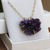 Raw Brazilian Amethyst Druzy Crystal Slice Necklace, February Birthstone Necklace