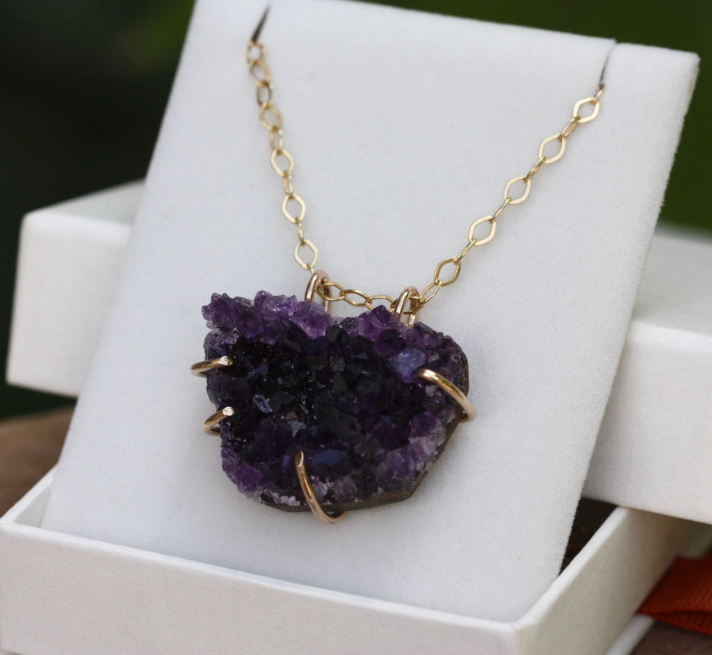 Raw Brazilian Amethyst Druzy Crystal Slice Necklace, February Birthstone Necklace
