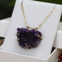 Raw Brazilian Amethyst Druzy Crystal Slice Necklace, February Birthstone Necklace