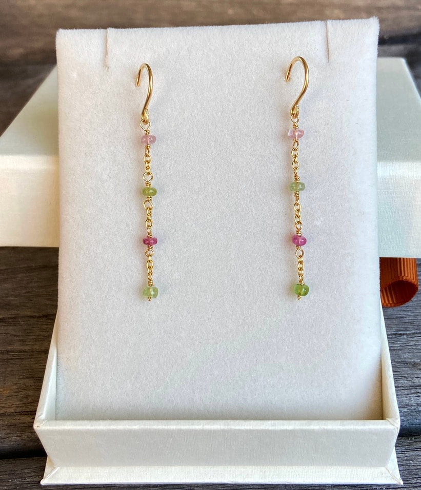 Watermelon Tourmaline Long Chain Earrings, October Birthstone Earrings