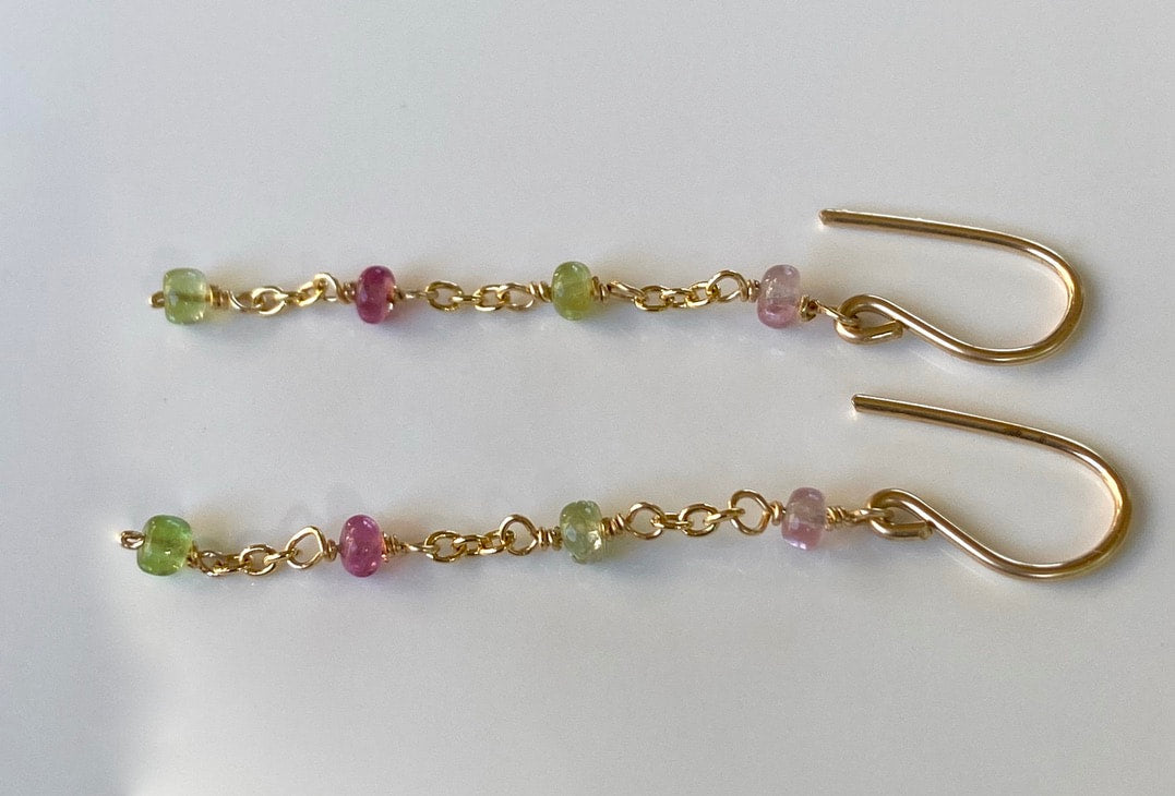 Watermelon Tourmaline Long Chain Earrings, October Birthstone Earrings