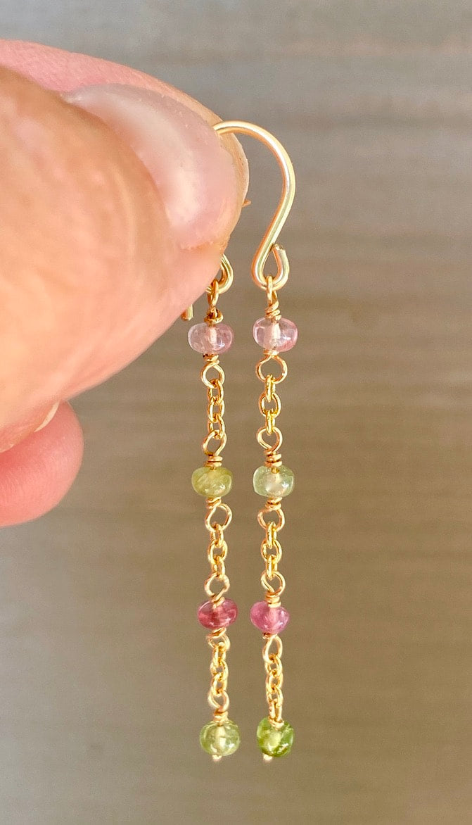 Watermelon Tourmaline Long Chain Earrings, October Birthstone Earrings