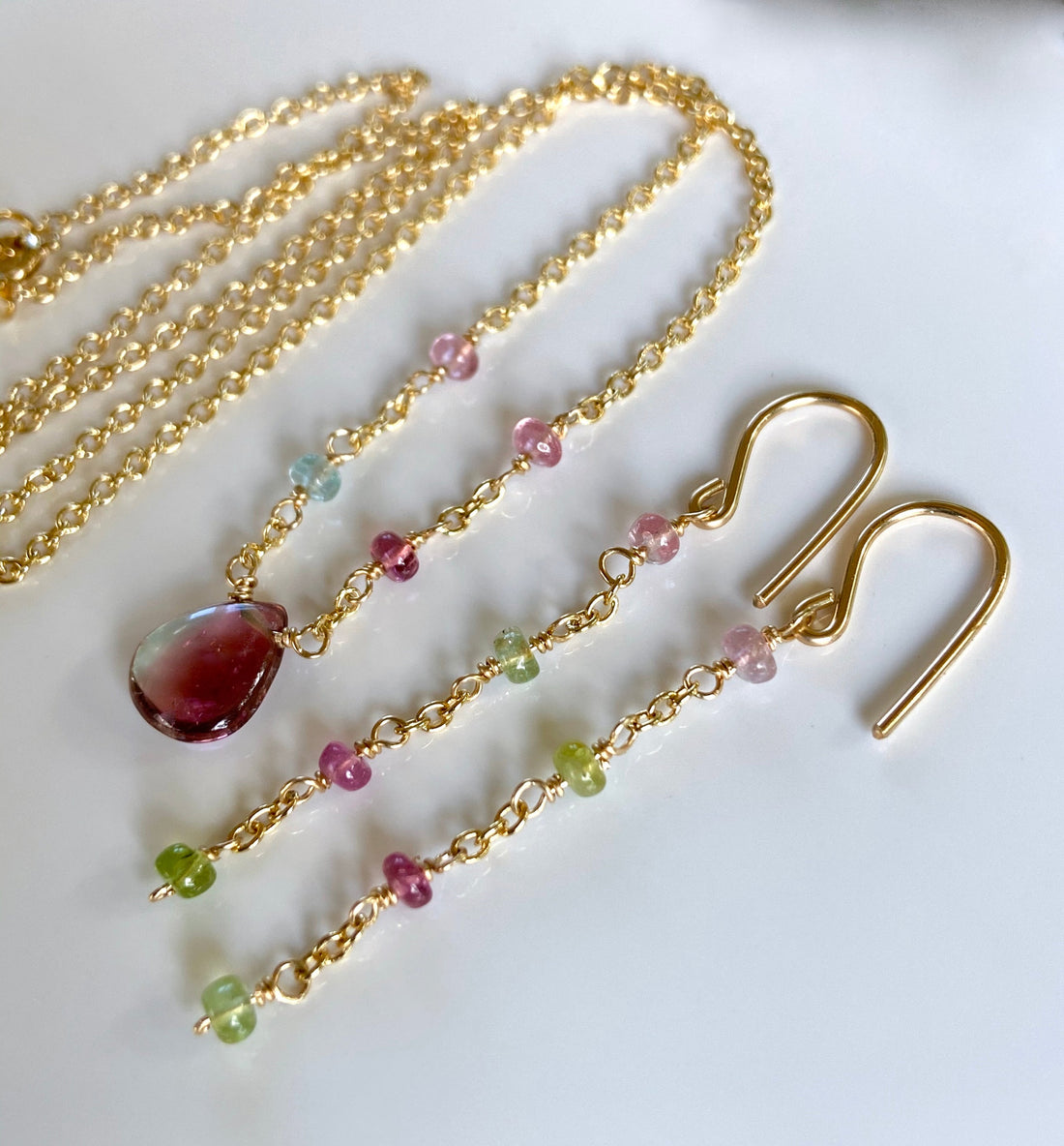 Watermelon Tourmaline Long Chain Earrings, October Birthstone Earrings