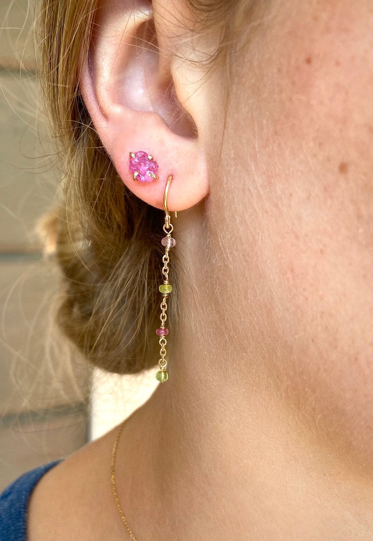 Watermelon Tourmaline Long Chain Earrings, October Birthstone Earrings