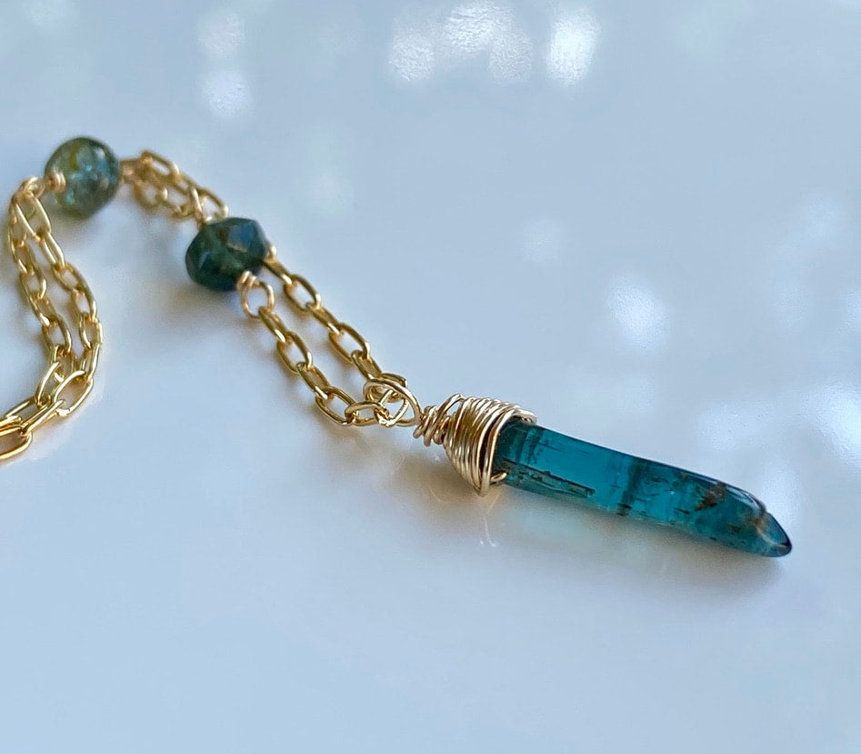 Raw Indicolite Blue Tourmaline Crystal Point Pendant Necklace, October Birthstone Pendant Necklace