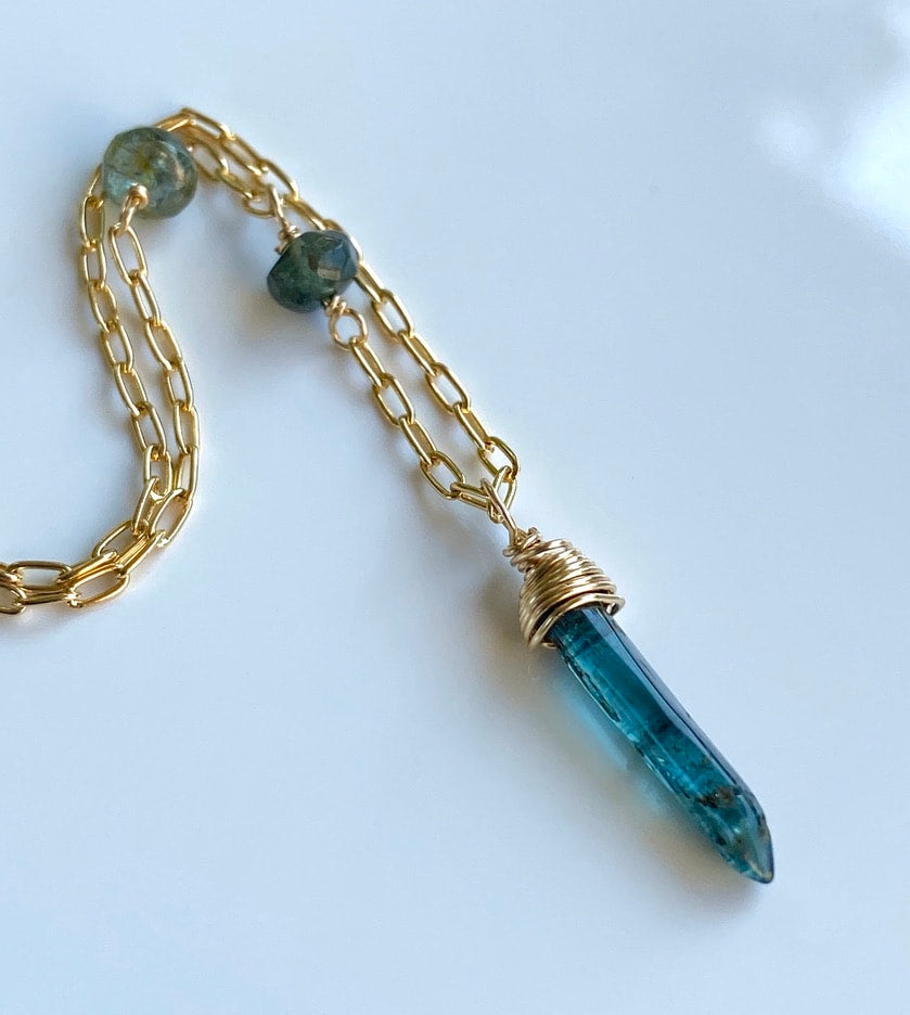Raw Indicolite Blue Tourmaline Crystal Point Pendant Necklace, October Birthstone Pendant Necklace