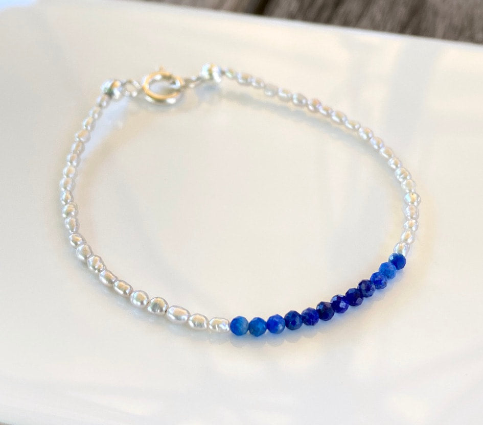 Lapis Lazuli and Freshwater Rice Pearl Bracelet, December Birthstone Bracelet