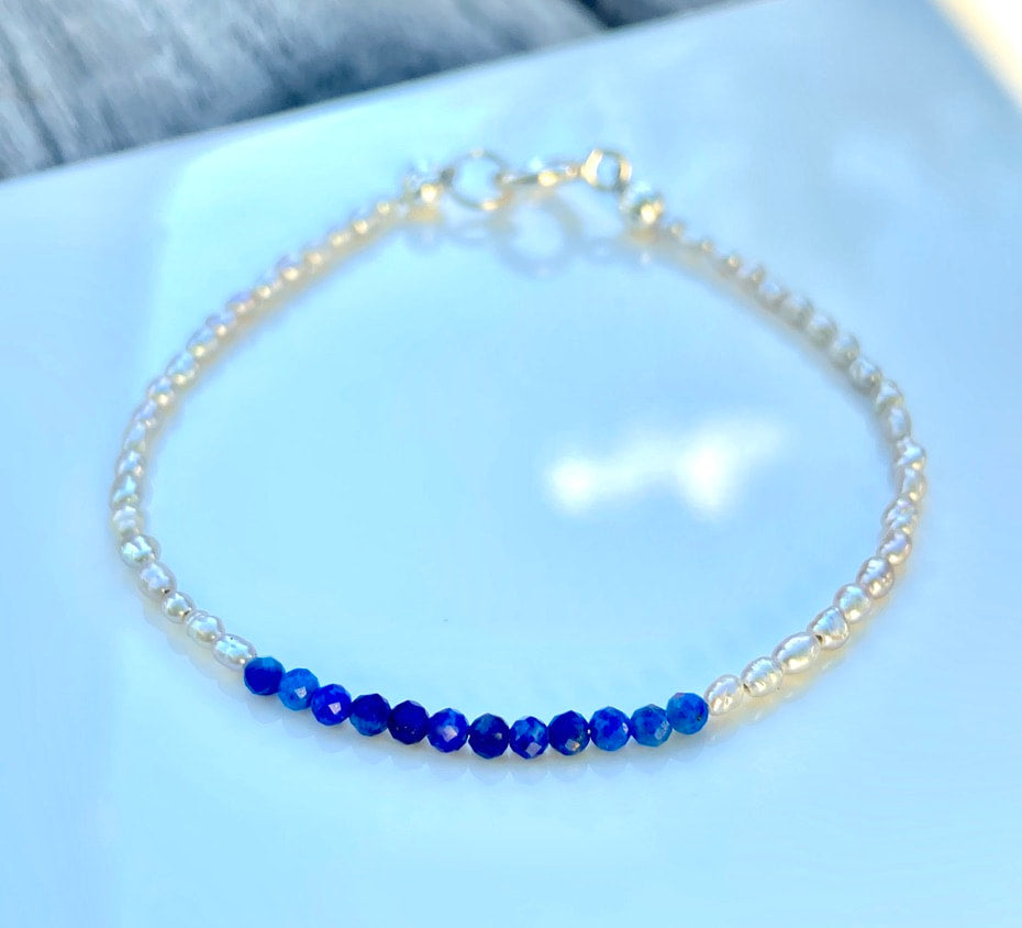 Lapis Lazuli and Freshwater Rice Pearl Bracelet, December Birthstone Bracelet