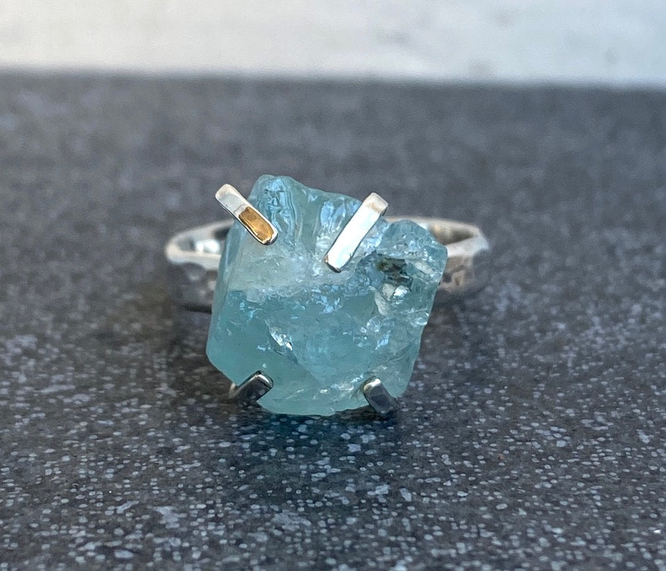 Raw Aquamarine Ring, March Birthstone Ring