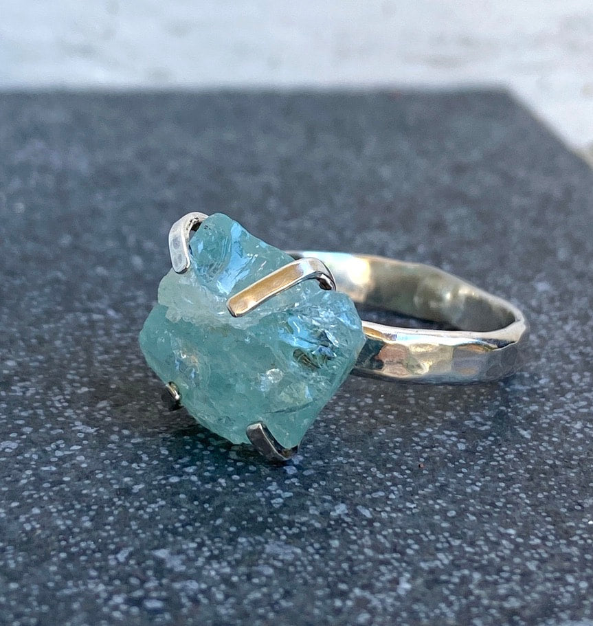 Raw Aquamarine Ring, March Birthstone Ring