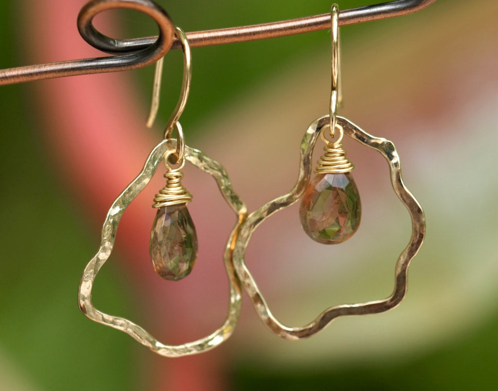 Organic Hammered Hoop Earrings with Andalusite Briolettes