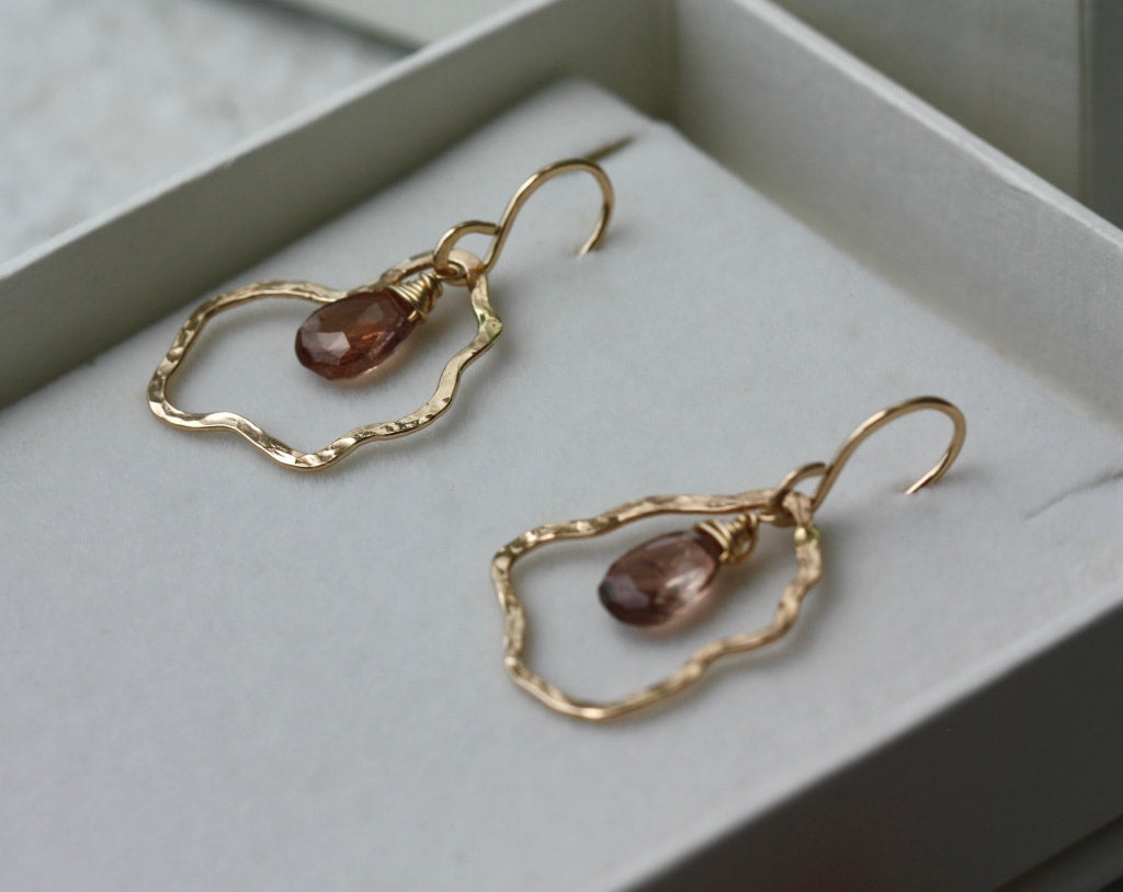 Organic Hammered Hoop Earrings with Andalusite Briolettes