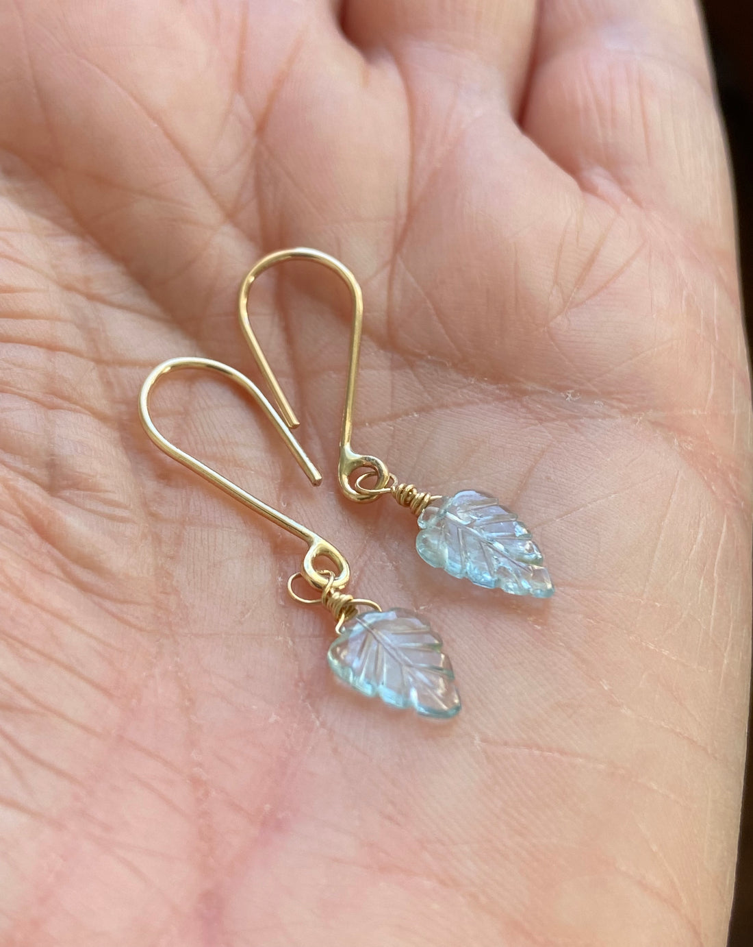 Aquamarine Carved Leaf Earrings, March Birthstone Earrings