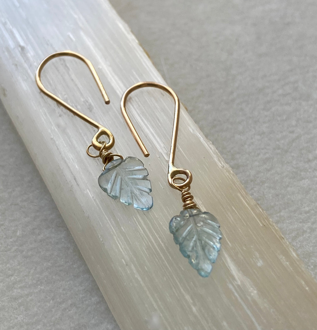 Aquamarine Carved Leaf Earrings, March Birthstone Earrings