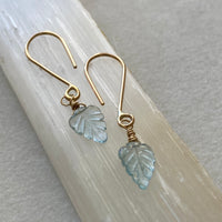 Aquamarine Carved Leaf Earrings, March Birthstone Earrings