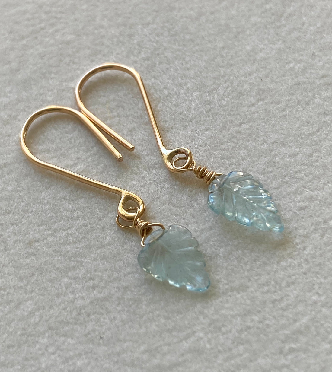 Aquamarine Carved Leaf Earrings, March Birthstone Earrings