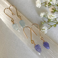 Aquamarine Carved Leaf Earrings, March Birthstone Earrings