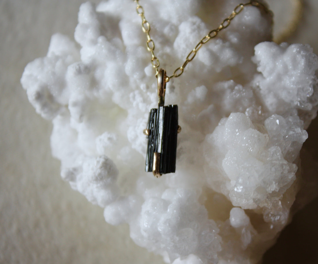 Unisex Raw Black Tourmaline Pendant Necklace, October Birthstone Jewelry