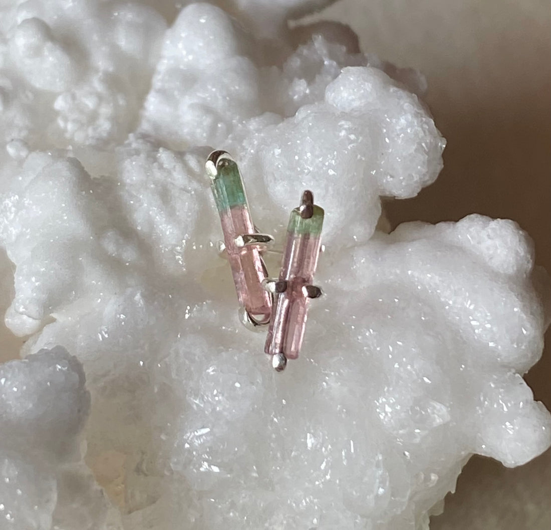 Bicolor Watermelon Tourmaline Stud Earrings, October Birthstone Earrings