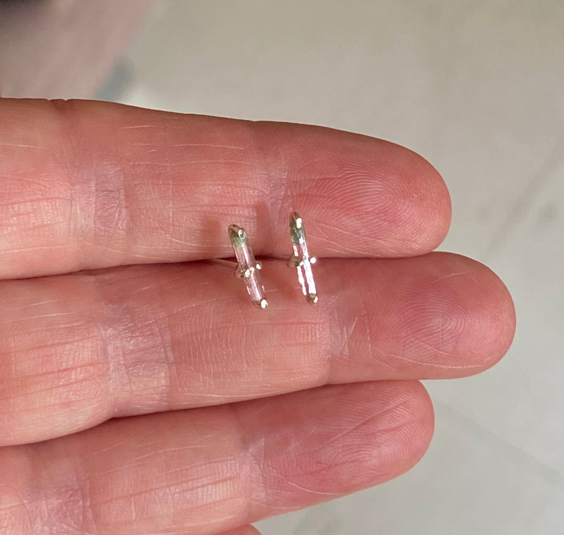 Bicolor Watermelon Tourmaline Stud Earrings, October Birthstone Earrings