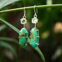 Arizona Turquoise and Brazilian Rock Quartz Long Earrings, December April Birthstone Earrings