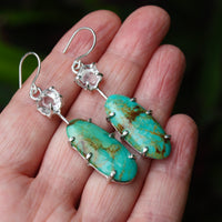 Arizona Turquoise and Brazilian Rock Quartz Long Earrings, December April Birthstone Earrings