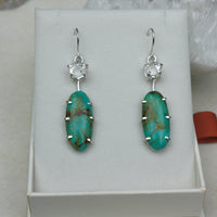 Arizona Turquoise and Brazilian Rock Quartz Long Earrings, December April Birthstone Earrings