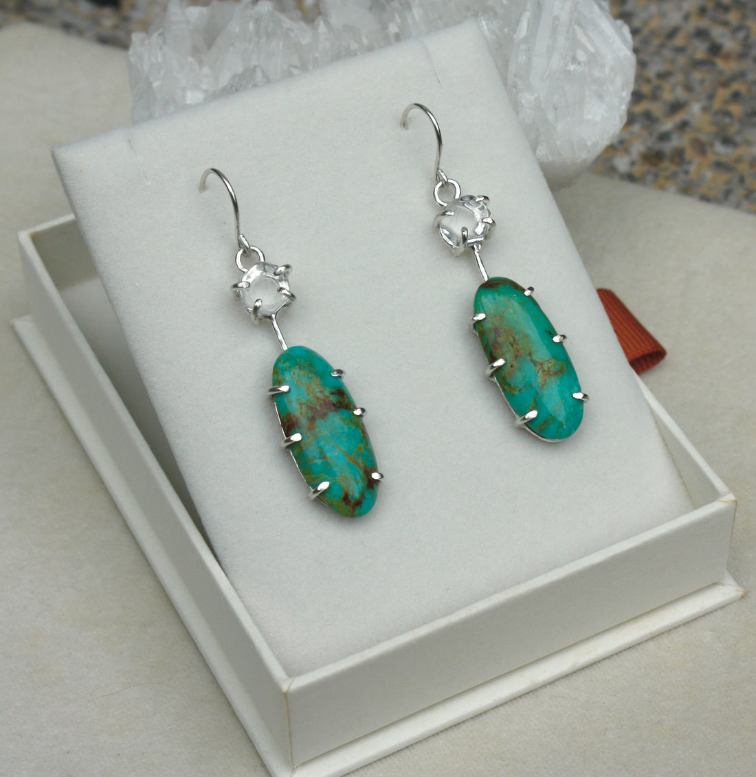 Arizona Turquoise and Brazilian Rock Quartz Long Earrings, December April Birthstone Earrings