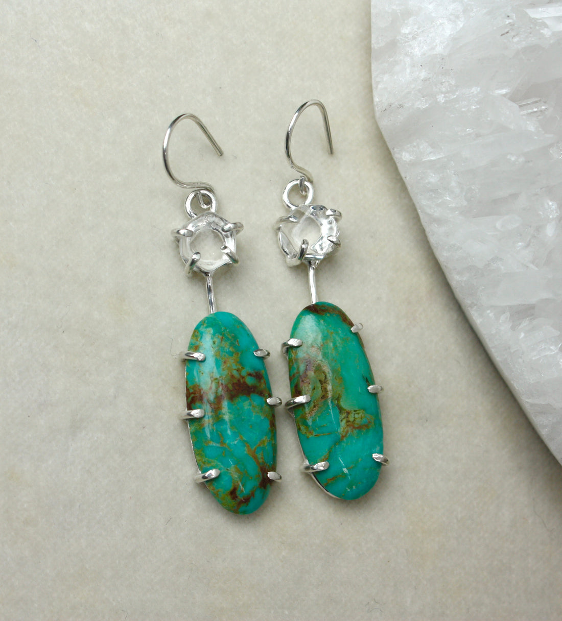 Arizona Turquoise and Brazilian Rock Quartz Long Earrings, December April Birthstone Earrings