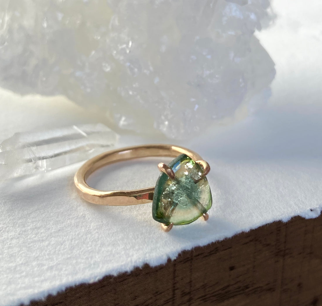 Green Watermelon Tourmaline Slice Ring, October Birthstone Ring