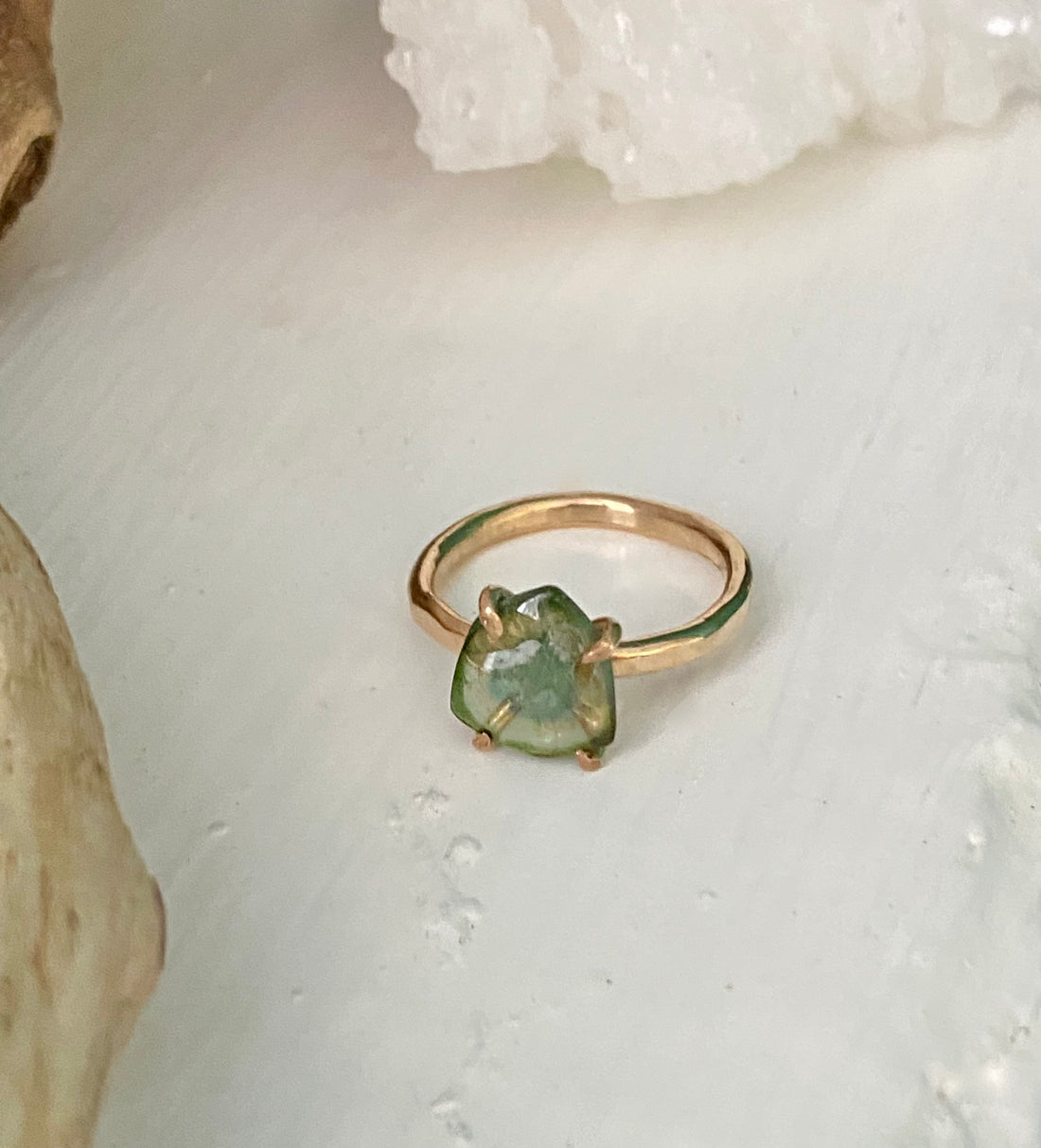 Green Watermelon Tourmaline Slice Ring, October Birthstone Ring