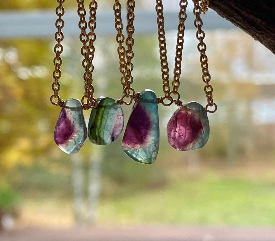 Watermelon Tourmaline Slice Pendant Necklace, October Birthstone Necklace