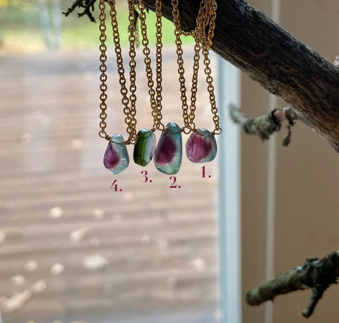 Watermelon Tourmaline Slice Pendant Necklace, October Birthstone Necklace