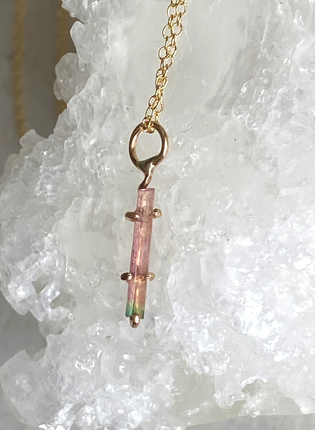 Raw Bicolor Watermelon Tourmaline Crystal Pendant Necklace