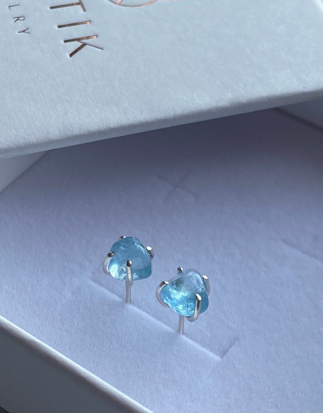 Raw Brazilian Blue Santa Maria Aquamarine Stud Earrings, March Birthstone