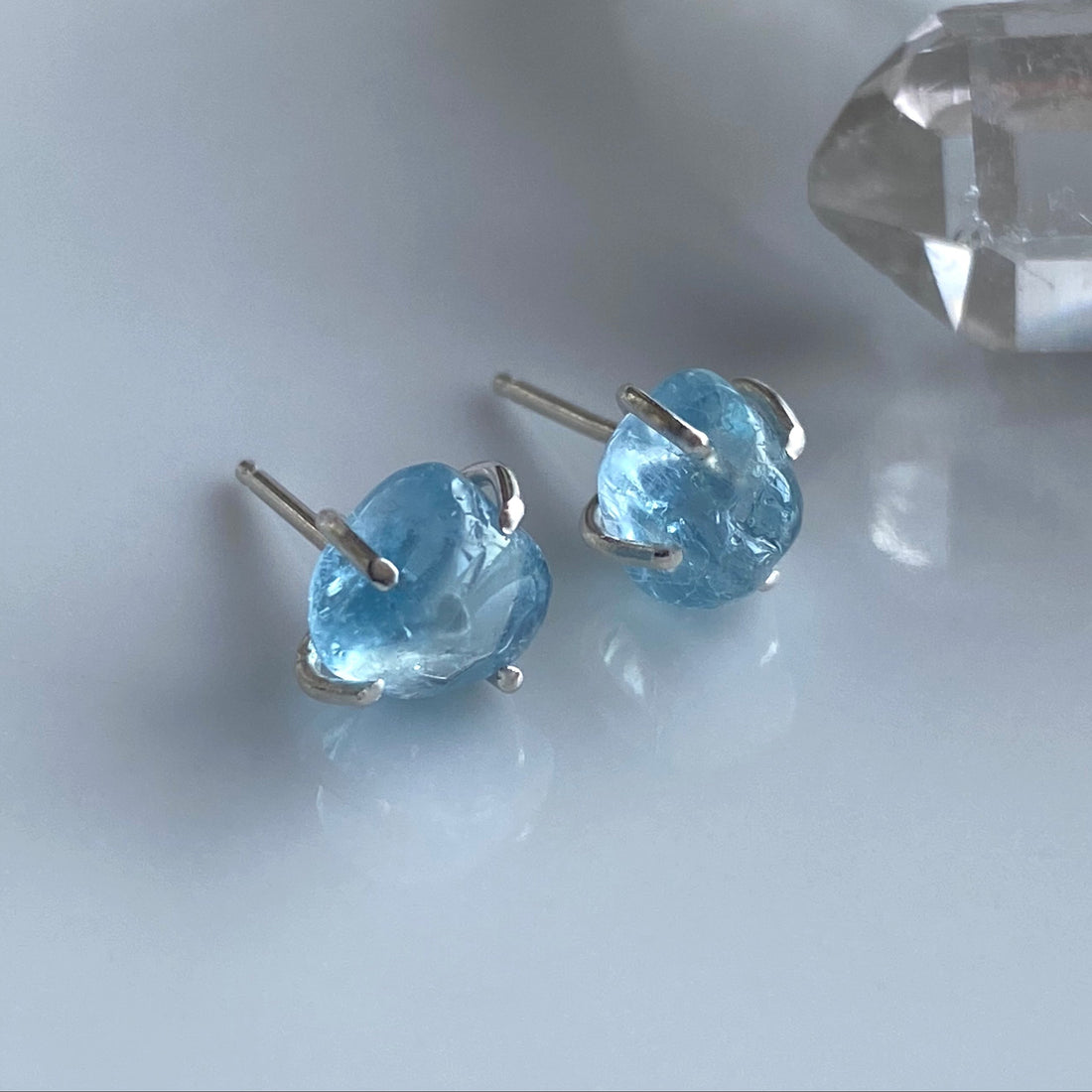 Raw Brazilian Blue Santa Maria Aquamarine Stud Earrings, March Birthstone