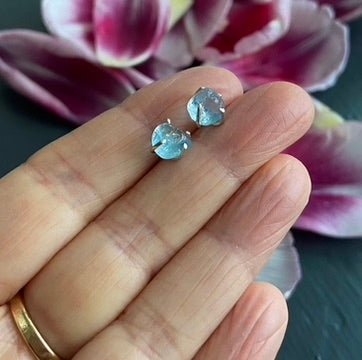 Raw Brazilian Blue Santa Maria Aquamarine Stud Earrings, March Birthstone